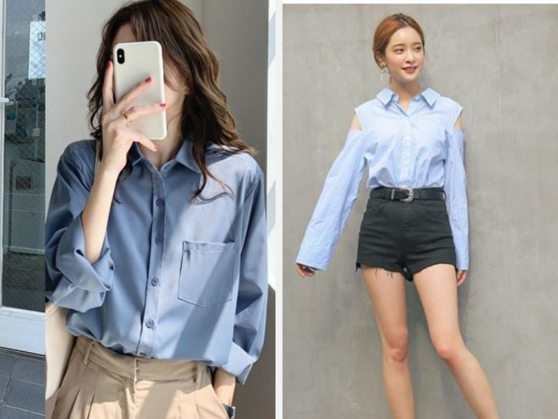 7+ Cách Phối Đồ Với Áo Sơ Mi Xanh Dương Nữ Đẹp 2024 5 Kết hợp áo sơ mi xanh dương với quần kaki - quần short