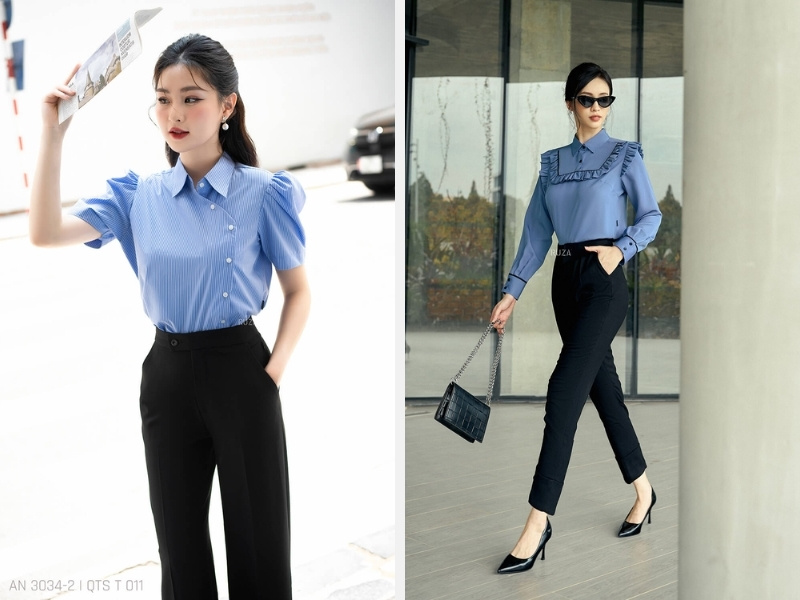 7+ Cách Phối Đồ Với Áo Sơ Mi Xanh Dương Nữ Đẹp 2024 6 Kết hợp áo sơ mi xanh dương với quần ống rộng - quần tây đen