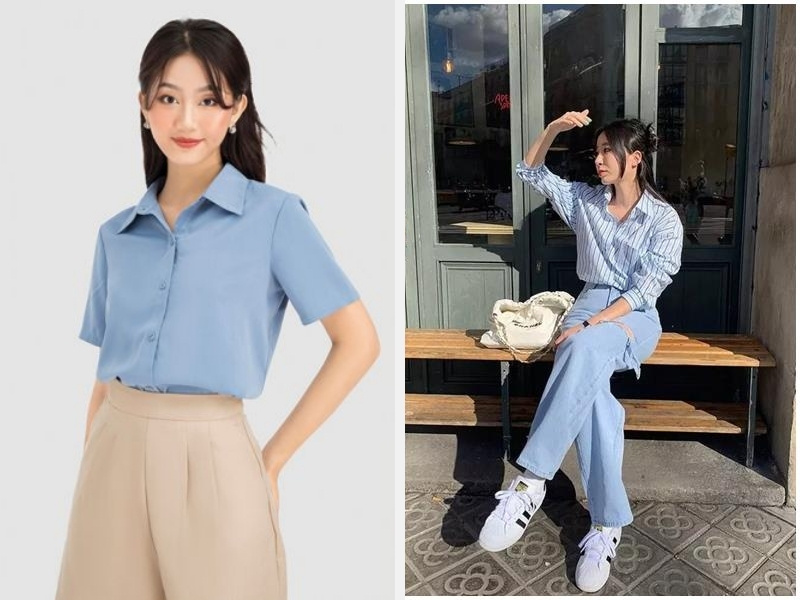 7+ Cách Phối Đồ Với Áo Sơ Mi Xanh Dương Nữ Đẹp 2024 7 Kết hợp áo sơ mi xanh dương với quần be - quần jean