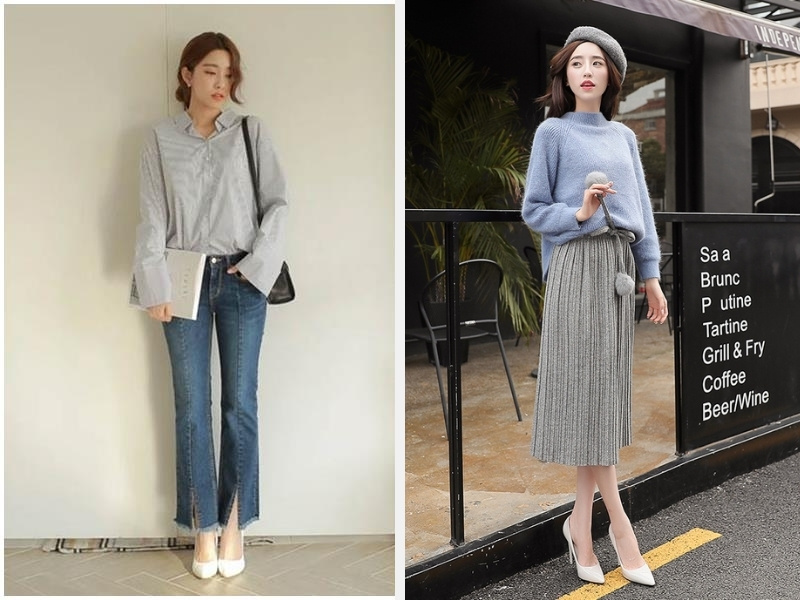 Dáng Người Quả Lê Mặc Gì Để Tôn Lên Vẻ Đẹp? 7 Quần jean ống đứng với áo sơ mi dài - Áo dáng rộng phối với chân váy midi