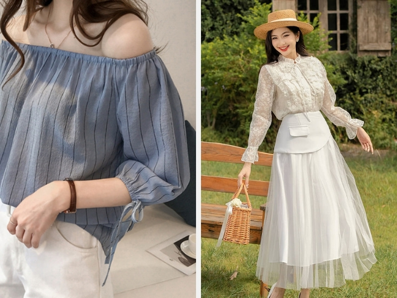 Áo voan trễ vai - Áo voan phối ren