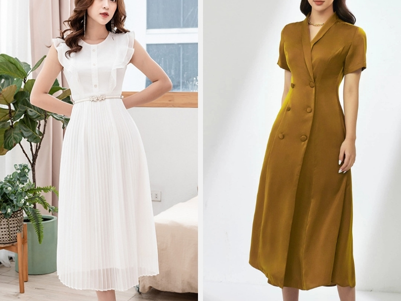 Váy xòe liền thân màu trắng - dáng midi