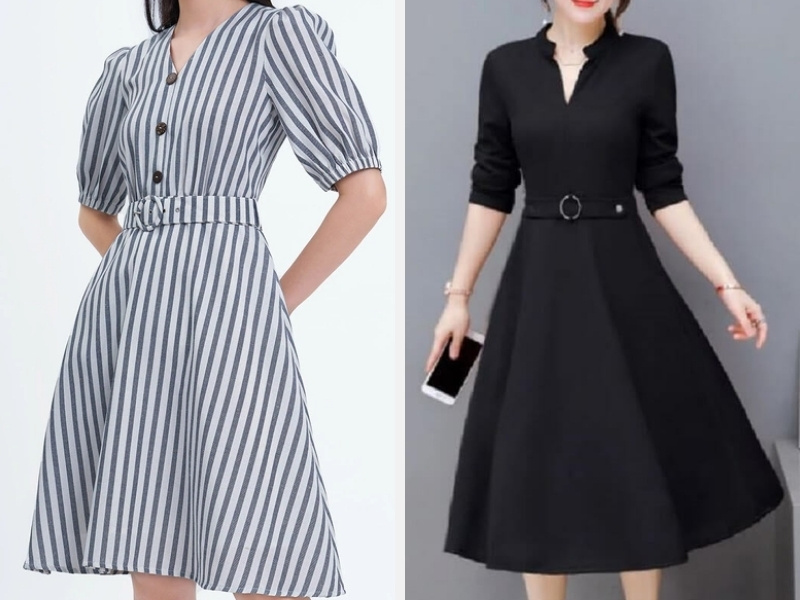 Váy xòe kẻ sọc liền thân - tay lỡ