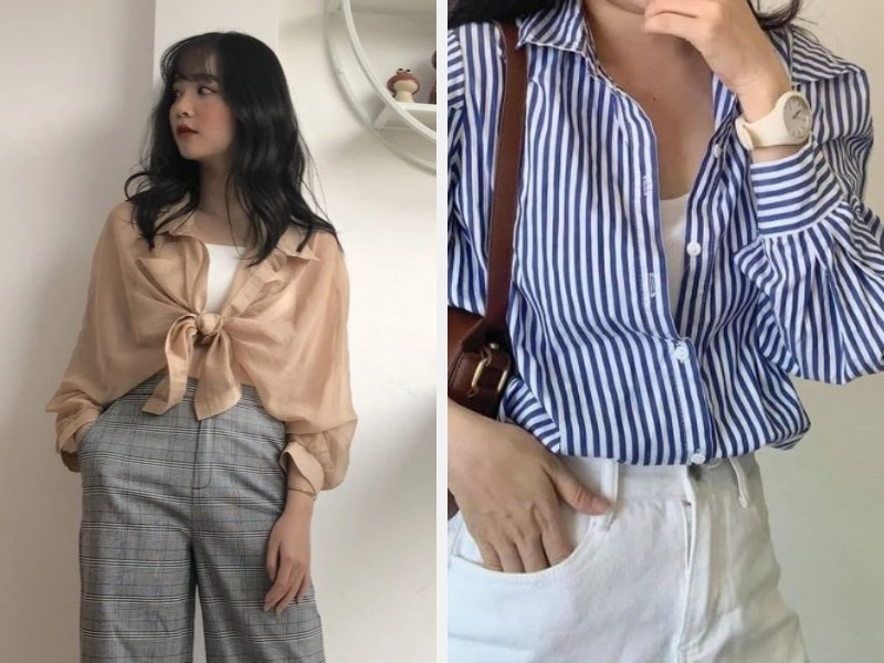 7 Cách Phối Áo Sơ Mi Với Áo Thun Nữ Theo Xu Hướng 4 Tạo croptop bằng cách cột tà áo sơ mi và vắt chéo áo sơ mi