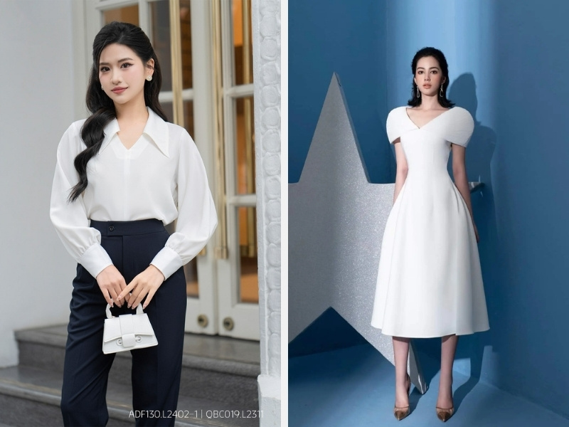 U40 Đi Họp Lớp Mặc Gì? Gợi Ý Trang Phục Và Cách Phối Đồ 6 Áo sơ mi trắng - Đầm dáng xòe