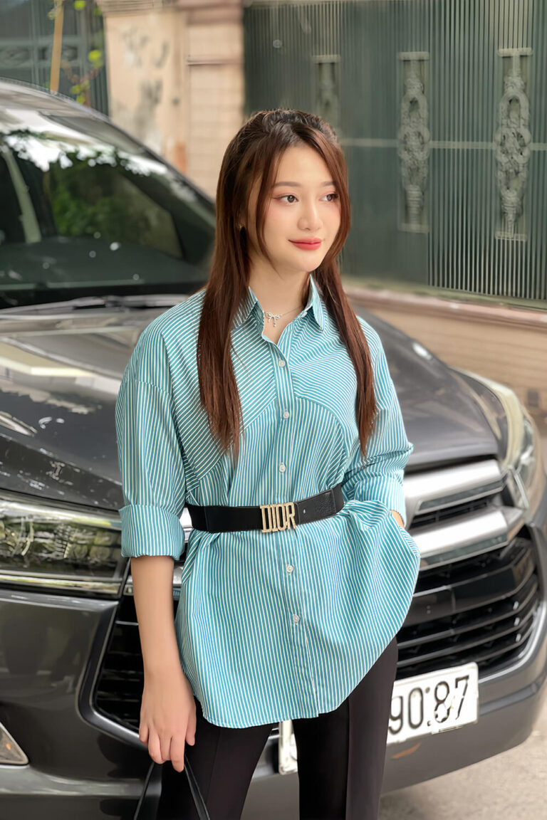 Áo sơ mi tay dài oversize ADO103 sọc xanh lá pc2
