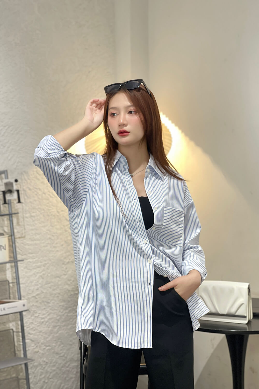 Áo sơ mi tay dài oversize ADO104 sọc xanh pc1