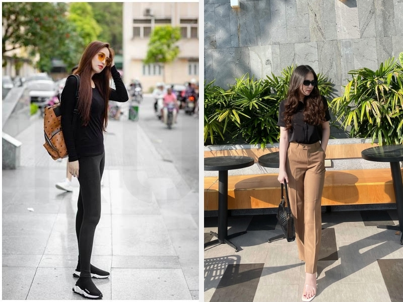 Phối quần legging đen - quần màu nâu