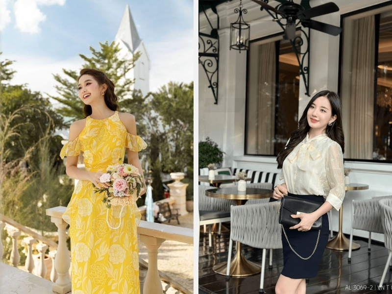 Đầm cổ yếm - chân váy ngắn phối áo sơ mi