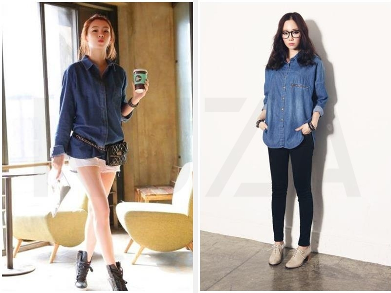 10+ Cách Phối Đồ Với Áo Sơ Mi Jean Nữ Thật Cuốn Hút 5 Phối với quần short - quần legging