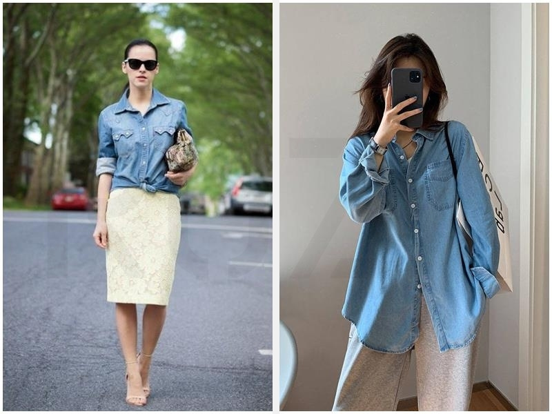 10+ Cách Phối Đồ Với Áo Sơ Mi Jean Nữ Thật Cuốn Hút 6 Phối với chây váy - cardigan