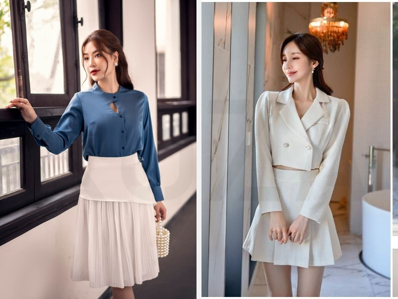 10 Cách Phối Đồ Với Chân Váy Trắng Đẹp & Tôn Dáng 2024 7 Chân váy trắng phối với áo màu denim - áo vest