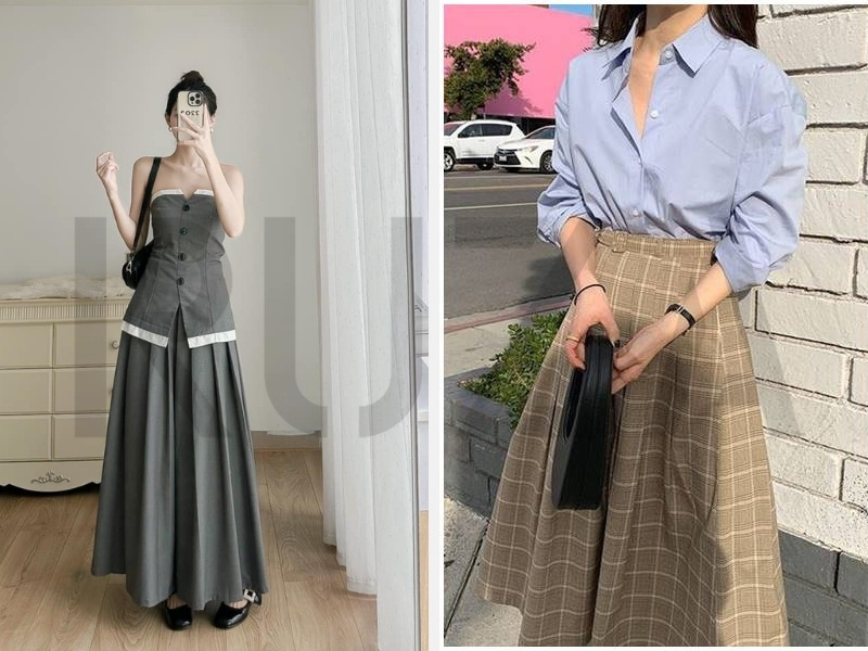 Cách Kết Hợp Chân Váy Maxi Đẹp Cho Mùa Hè 2024 4 Phối áo cup ngực - áo sơ mi thanh lịch