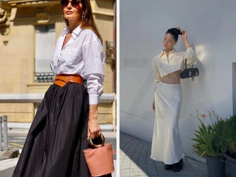 Cách Kết Hợp Chân Váy Maxi Đẹp Cho Mùa Hè 2024 6 Áo sơ mi cổ v - áo croptop