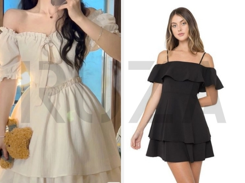 Tổng Hợp 9+ Mẫu Đầm Trễ Vai Thời Trang Ấn Tượng 4 Đầm trễ vai thiết kế nơ và có dây buộc