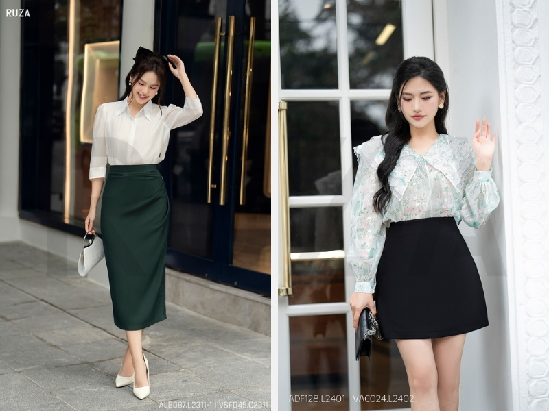 11 Cách Phối Áo Sơ Mi Với Chân Váy Sang Chảnh Cho Các Quý Cô 3 Áo sơ mi mix với chân váy dài và chân váy chữ a