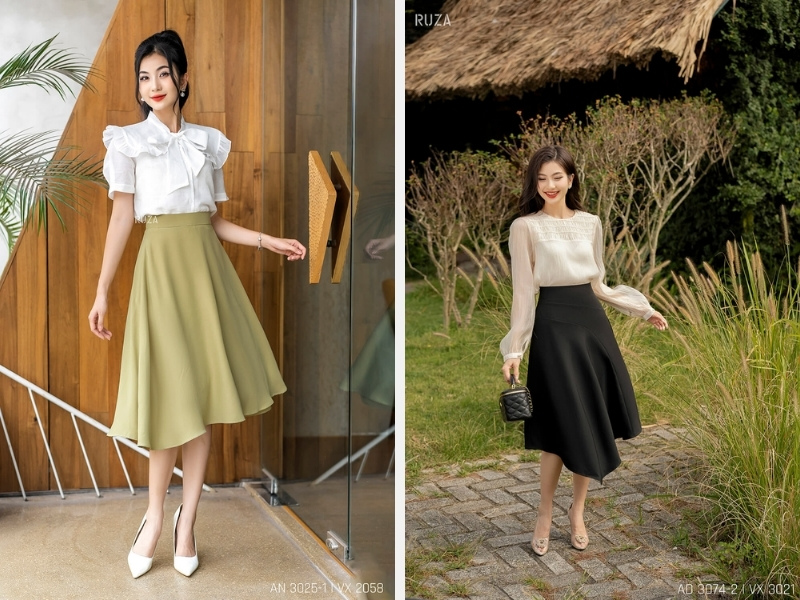 11 Cách Phối Áo Sơ Mi Với Chân Váy Sang Chảnh Cho Các Quý Cô 4 Áo sơ mi mix với chân váy xòe và chân váy xếp ly