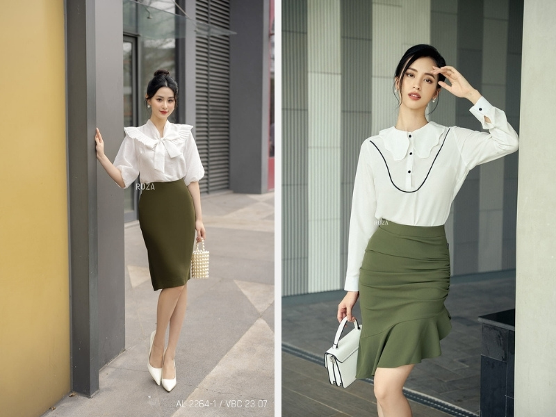 11 Cách Phối Áo Sơ Mi Với Chân Váy Sang Chảnh Cho Các Quý Cô 5 Áo sơ mi cùng chân váy bút chì và chân váy đuôi cá