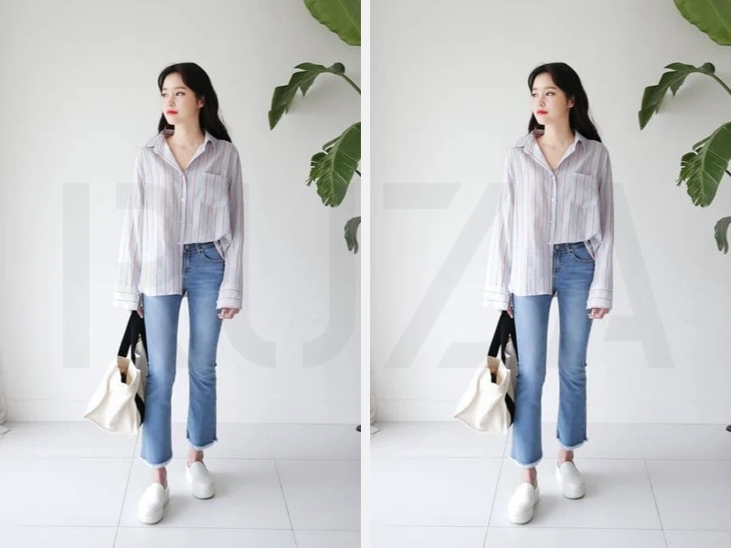 Áo sơ mi nữ form rộng và quần jean