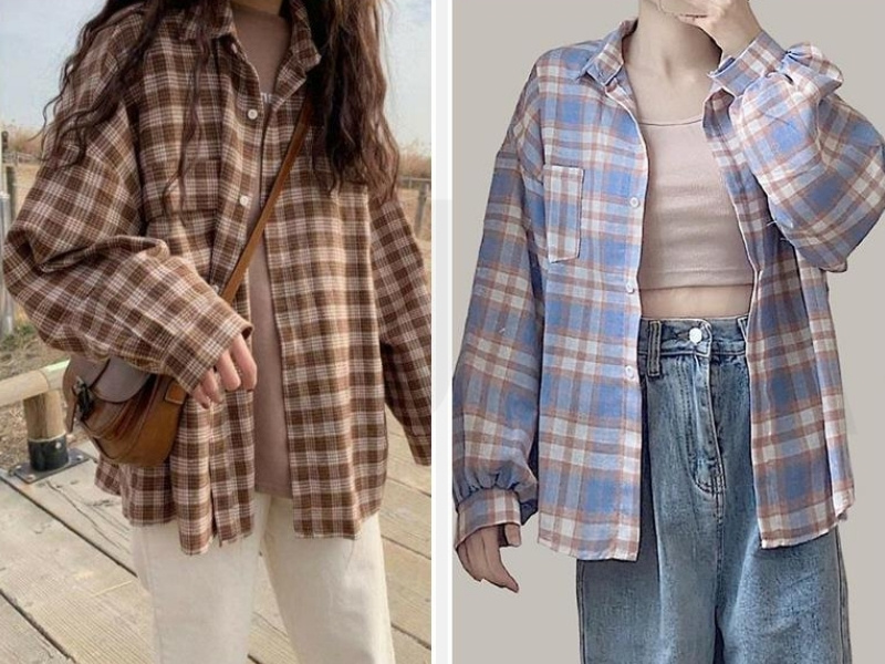 Phối đồ với áo sơ mi nữ kẻ caro form rộng
