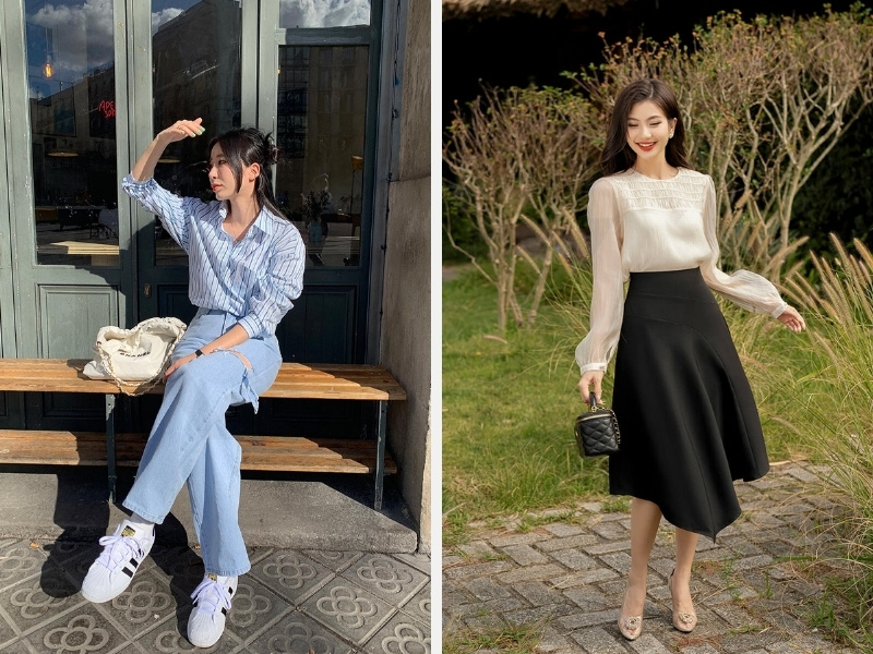 Áo sơ mi nữ mix với quần jeans - chân váy xòe