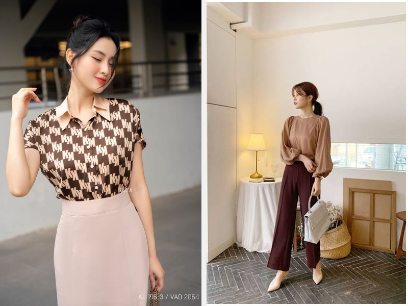 Áo nâu phối cùng quần màu be