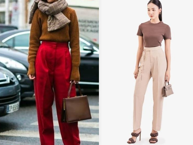 Áo nâu mix với quần đỏ