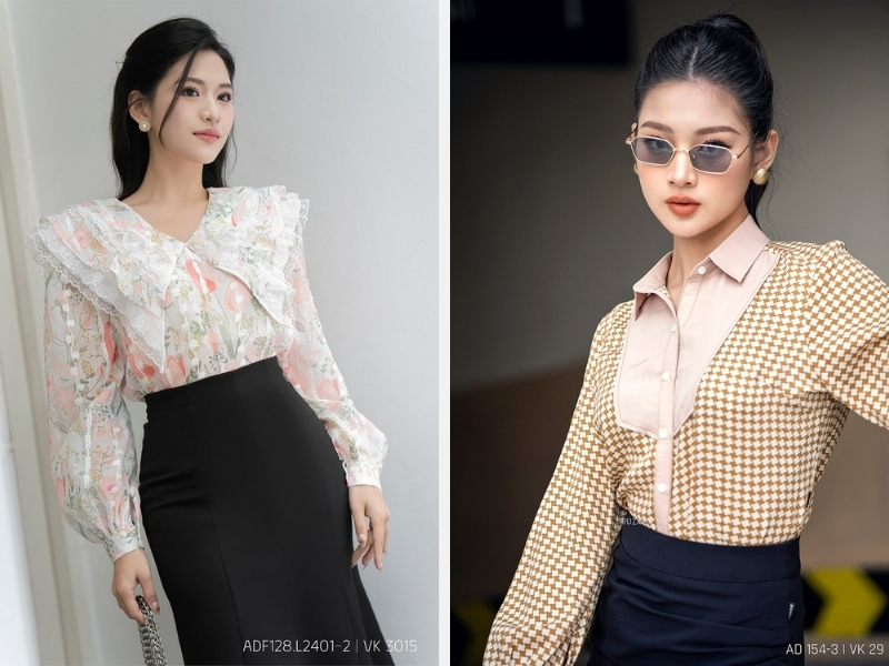 Áo sơ mi lụa cổ V tay dài và cổ vest