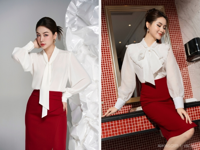 Áo sơ mi lụa nơ cổ tay dài