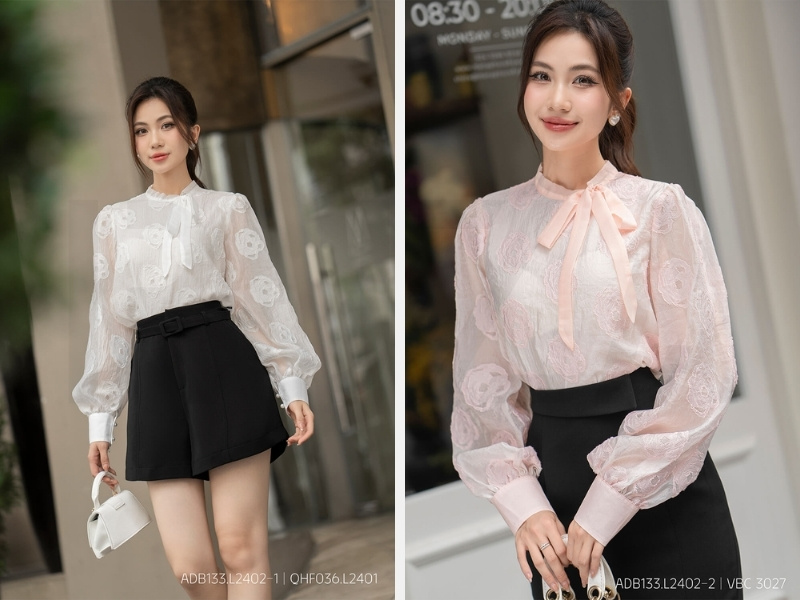 Áo sơ mi tay dài cổ ren nữ tính