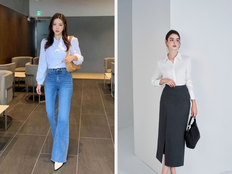 Chọn Các Mẫu Áo Sơ Mi Giấu Bụng: Bí Quyết Tự Tin & Thanh Lịch 5 Kết hợp với quần jean đơn giản hoặc chân váy dài