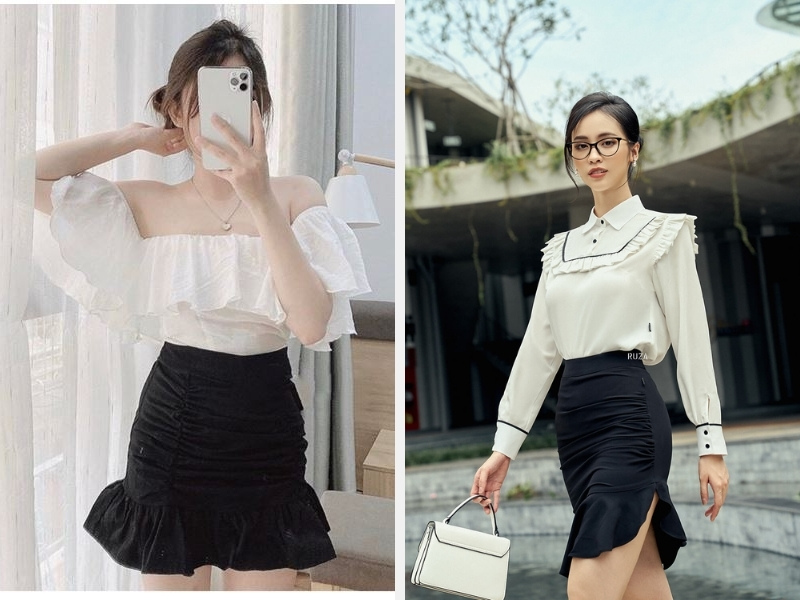 Chân Váy Đuôi Cá Phối Với Áo Gì? 10+ Gợi Ý Mix Đồ Thời Trang 5 Chân váy đuôi cá đi kèm áo trễ vai và áo dài tay