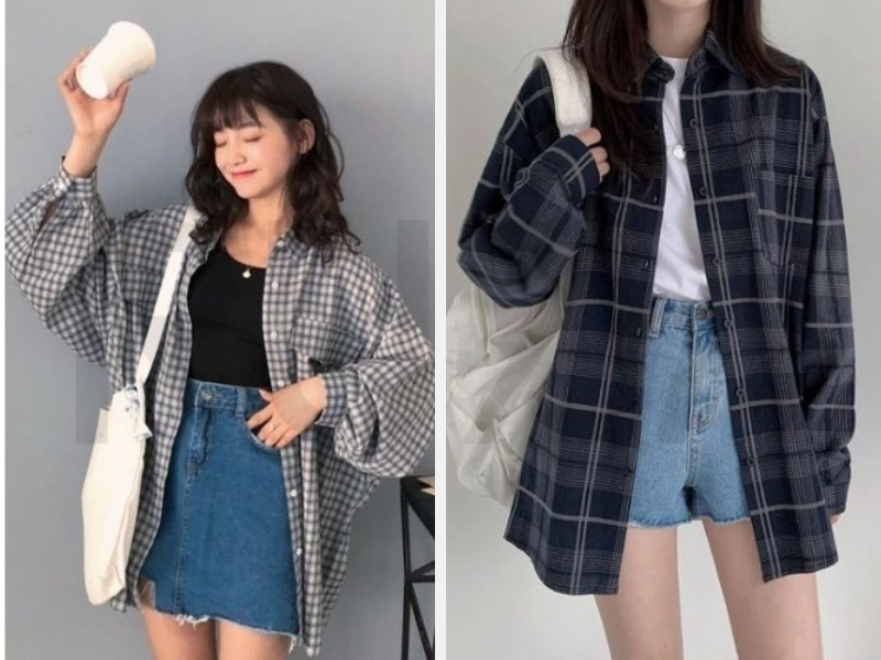 Phối Đồ Với Áo Sơ Mi Kẻ Caro Nữ: Bí Quyết Thời Trang 3 Kết hợp áo sơ mi kẻ caro với váy ngắn và quần short jean