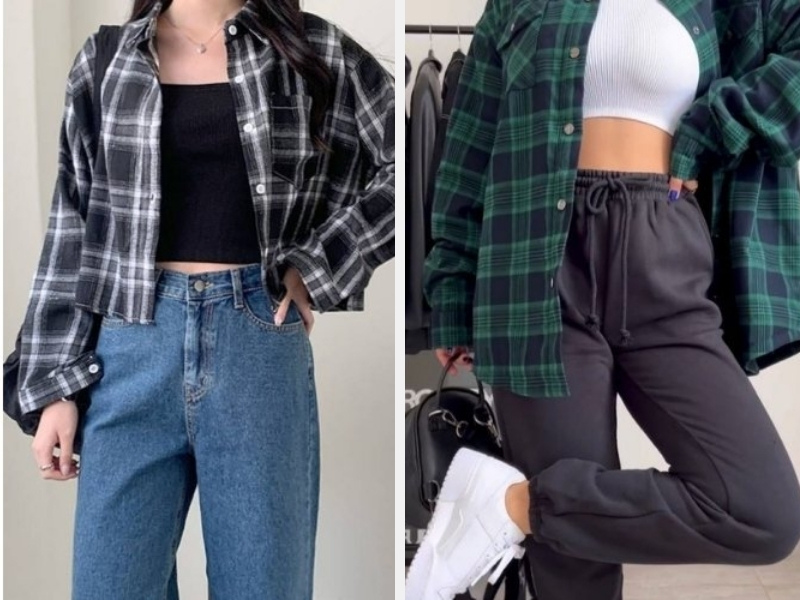 Phối Đồ Với Áo Sơ Mi Kẻ Caro Nữ: Bí Quyết Thời Trang 4 Phối áo sơ mi kẻ caro với quần jean dài và quần jogger