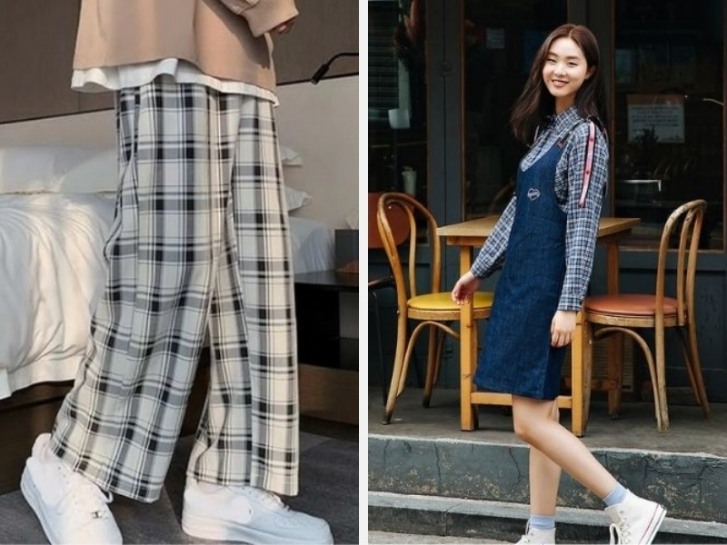 Phối Đồ Với Áo Sơ Mi Kẻ Caro Nữ: Bí Quyết Thời Trang 6 Phối áo sơ mi kẻ caro với quần kẻ sọc và yếm quần