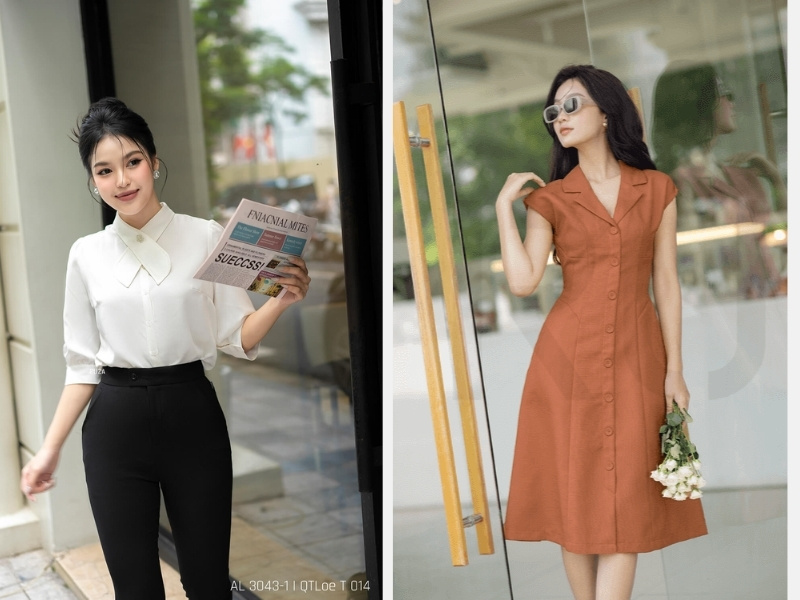 Gợi Ý Mặc Đẹp Cả Tuần - Mix & Match Trang Phục Phong Cách 3 Áo sơ mi trắng và quần tây hoặc váy dáng suông