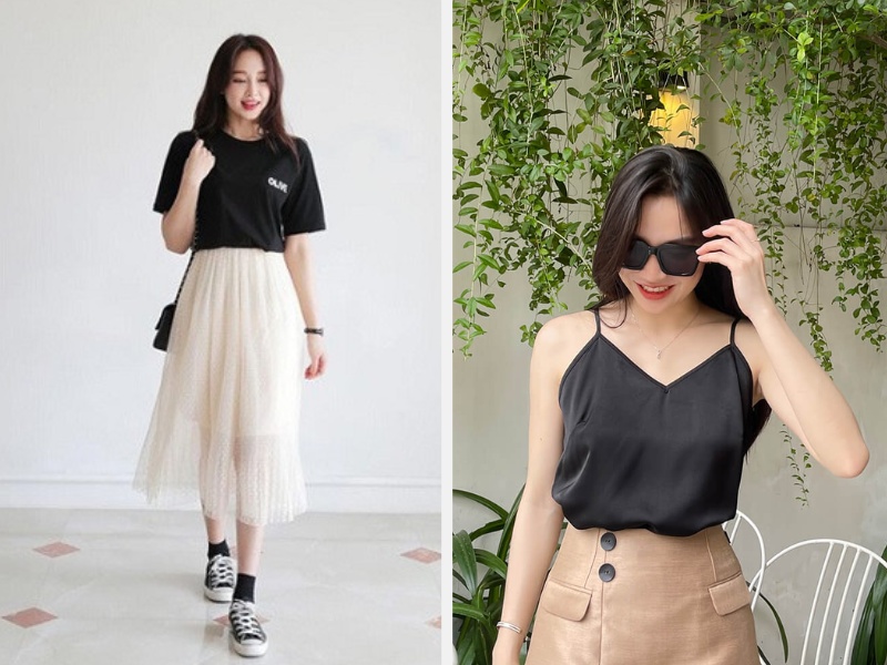 Gợi Ý Mặc Đẹp Cả Tuần - Mix & Match Trang Phục Phong Cách 7 Chân váy dài và áo phông hoặc áo hai dây với quần short