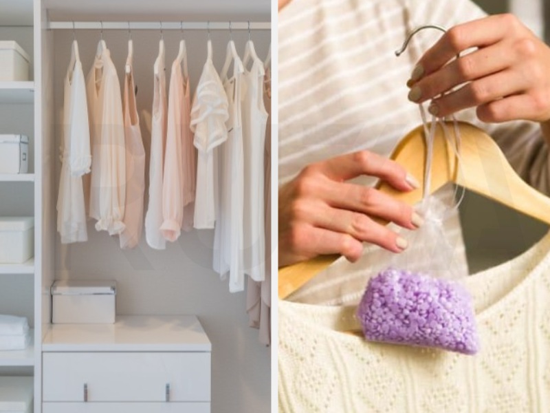 Mẹo Giặt Quần Áo Mùa Mưa: Cách Nhanh Khô và Khử Mùi Hiệu Quả 10 Treo quần áo trong tủ kín và đặt túi hút ẩm