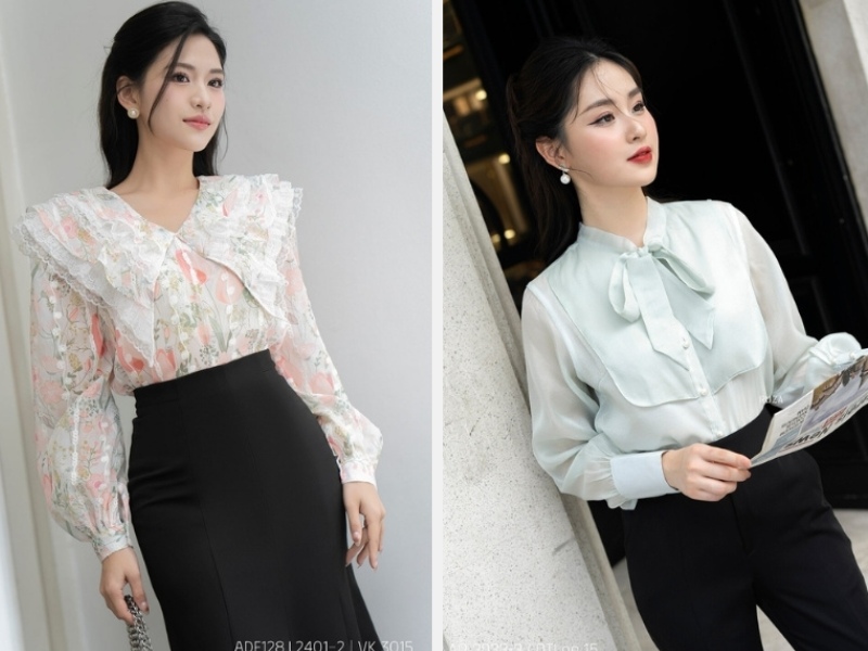 Áo sơ mi cổ tròn viền sen - áo cổ thắt nơ