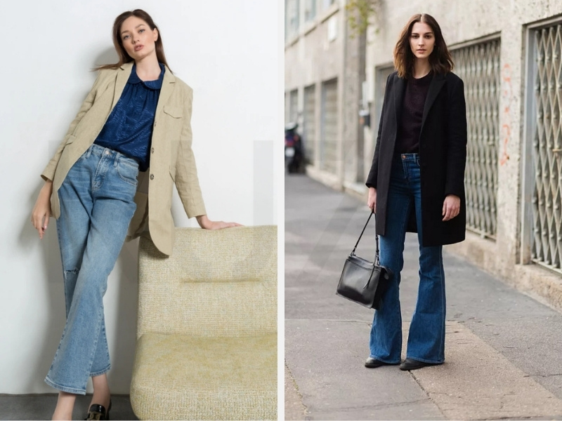Phối áo vest với quần jean nữ cạp cao hoặc quần ống loe