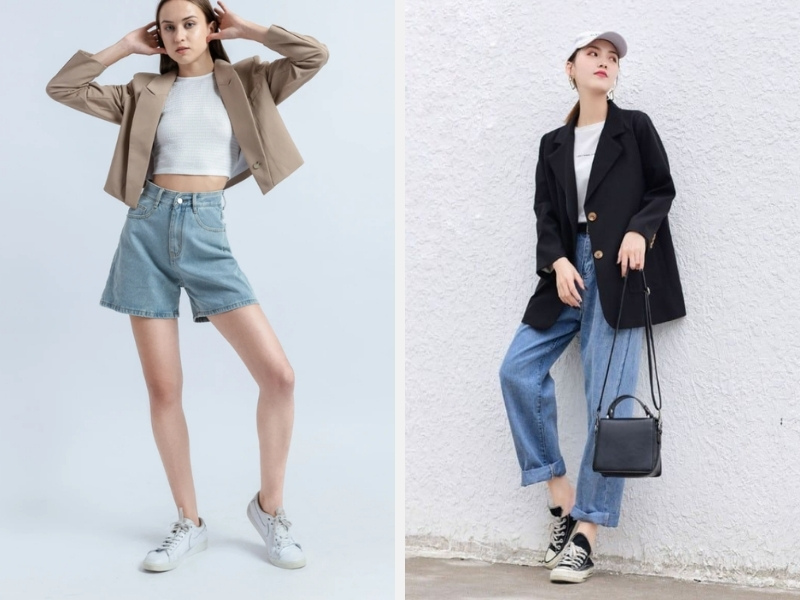 Mix áo vest với quần short jean hoặc quần jean nữ ống rộng